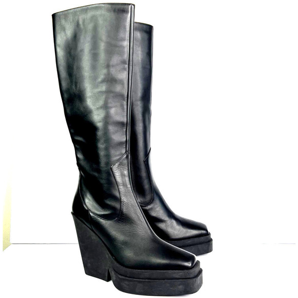 Gia Borghini Texan Knee High Western Boot Black Leather Platform Wedge Heel - Picture 2 of 9